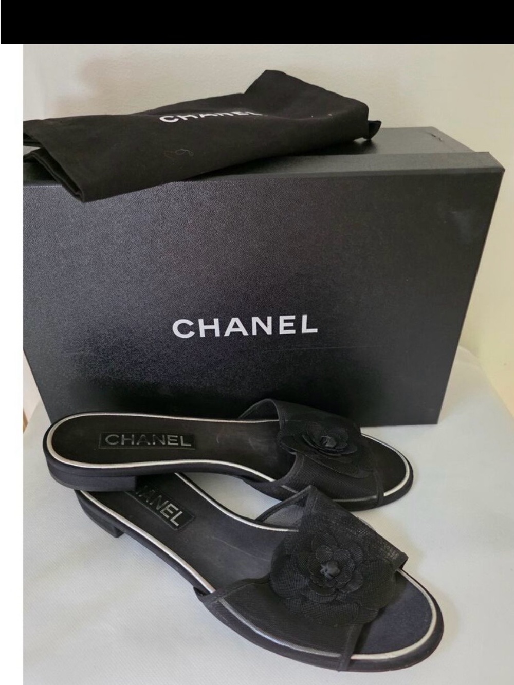 CHANEL Black Camellia Slide Sandals